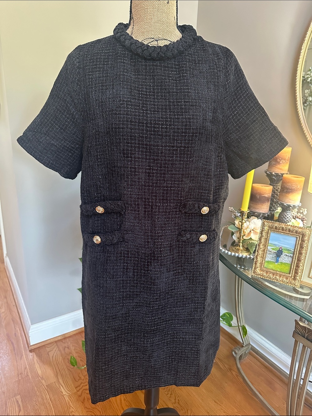 Shop The Mint Black Textured Short-Sleeve Midi Dress with Gold Buttons Size XL